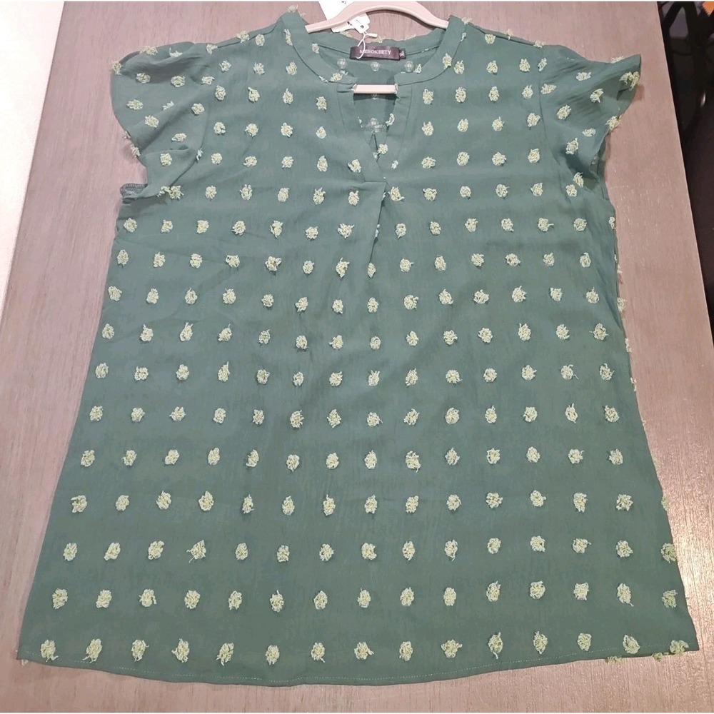 NWT MEROKEETY Green Swiss Dot Short Flutter Sleeve Blouse Top XL